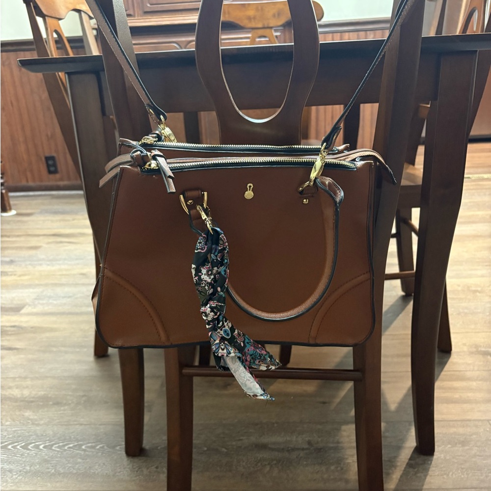 London Fog Women's Handbag Brown Faux Leather Satchel with shoulder strap